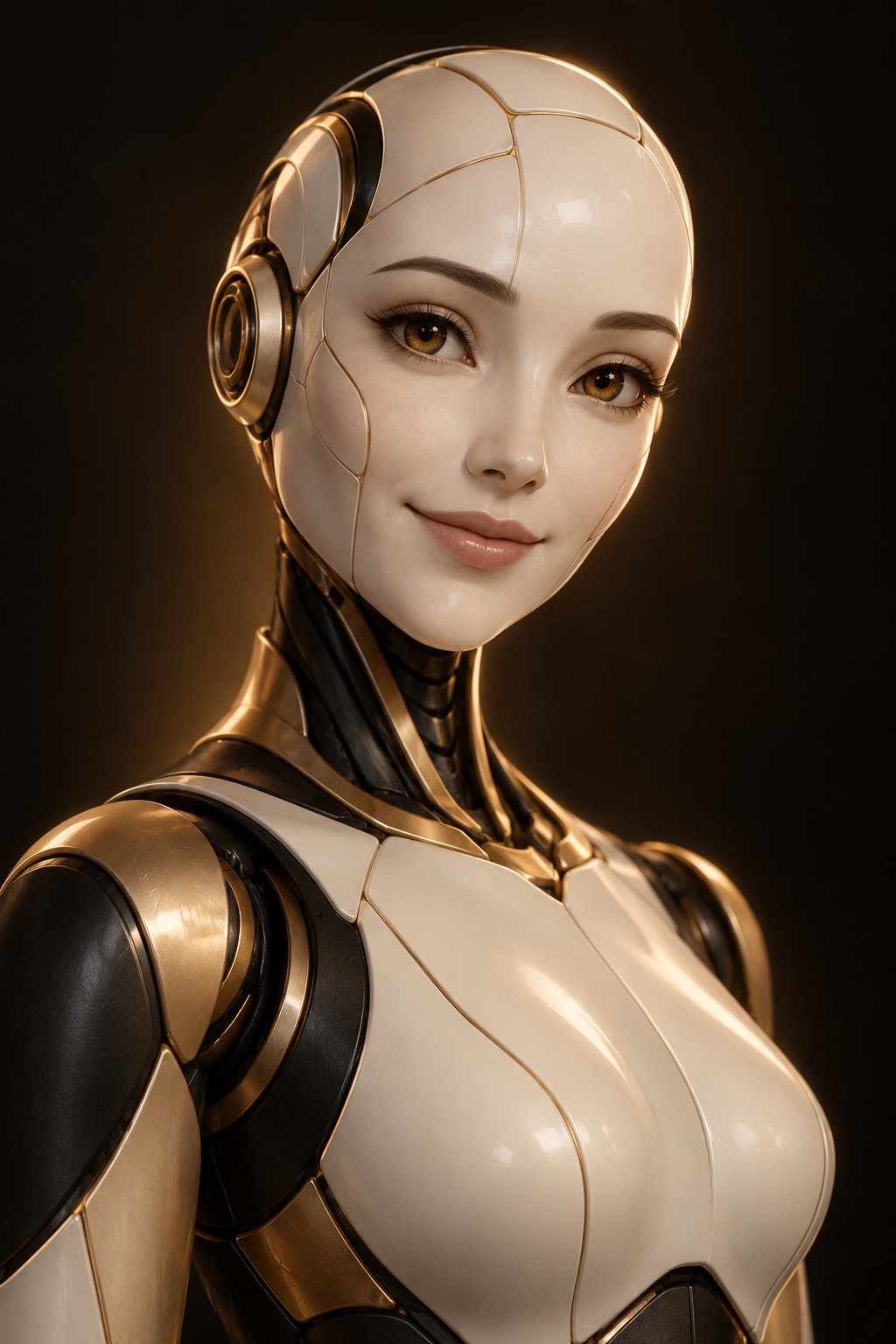 Agente virtual Plenty, retrato de una figura humanoide de cerámica clara y detalles dorados